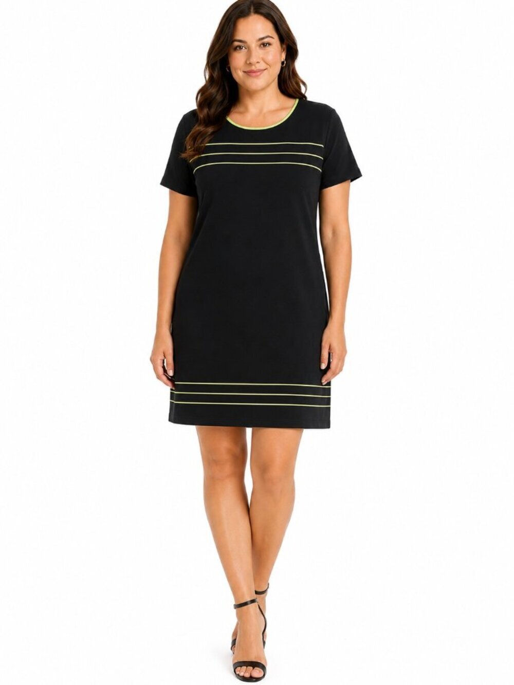 Misook Black Knit Green Stripe Trim Short Sleeve Dress